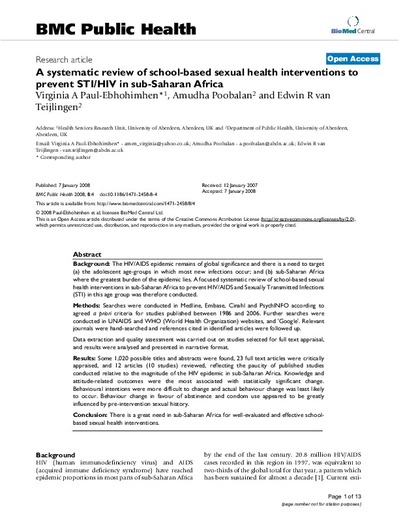 A systematic review of school based sexual health interventions to