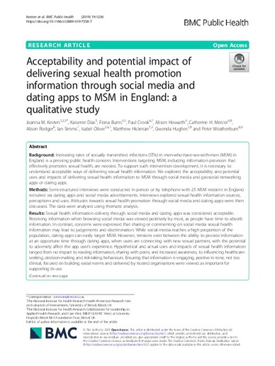 Acceptability and potential impact of delivering sexual health